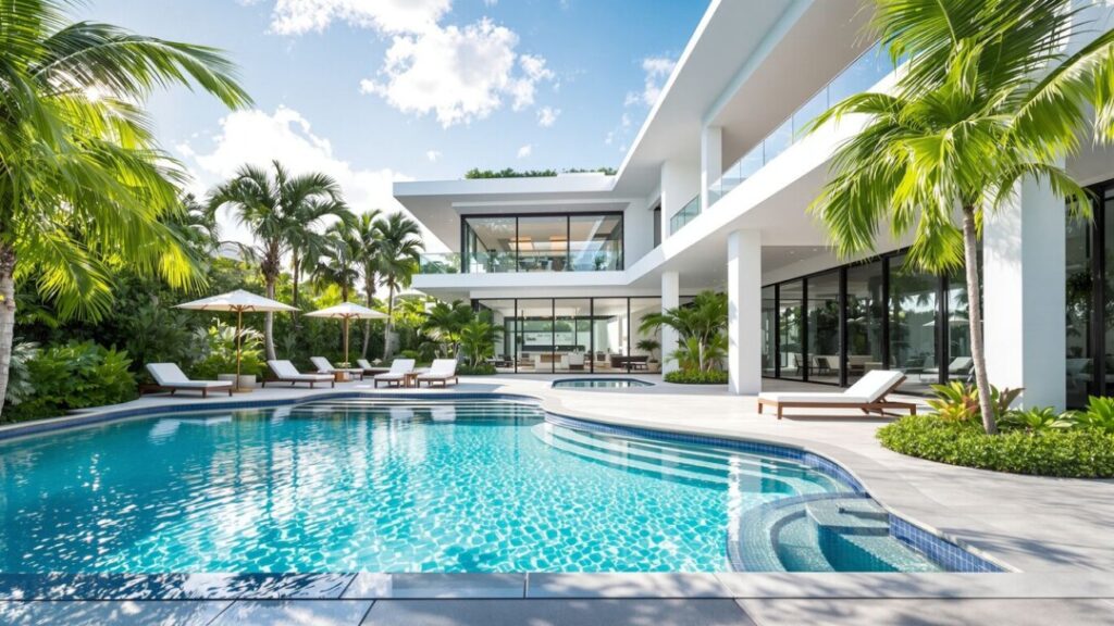 Luxurious Miami home with pool and tropical landscaping.