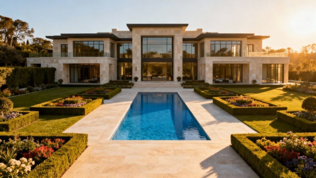 Luxury Palm Beach mansion with pool and gardens.