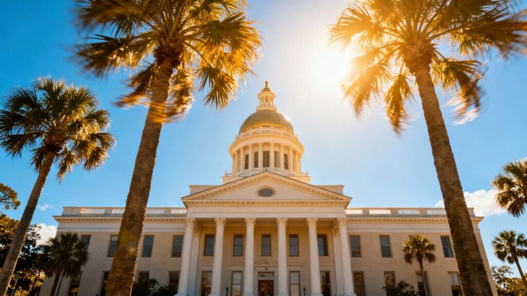 Florida Capitol building with palm trees and blue sky.