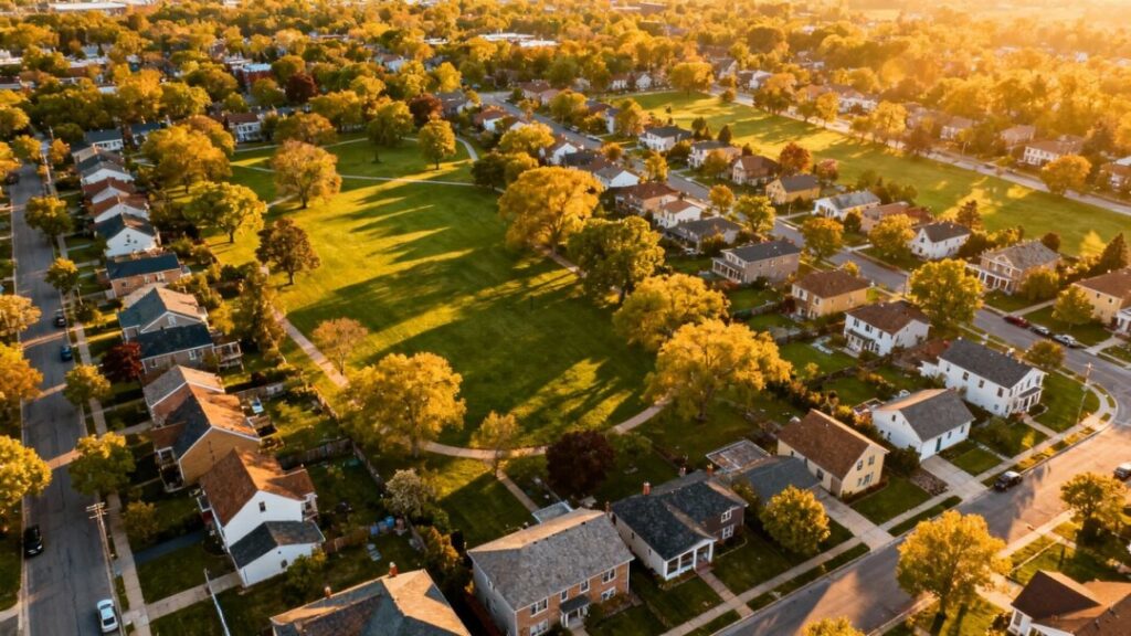 Brookline, MA aerial view with parks and homes.