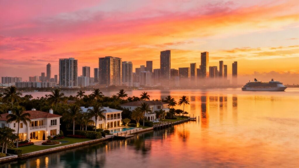 Miami skyline with luxury homes and condos.