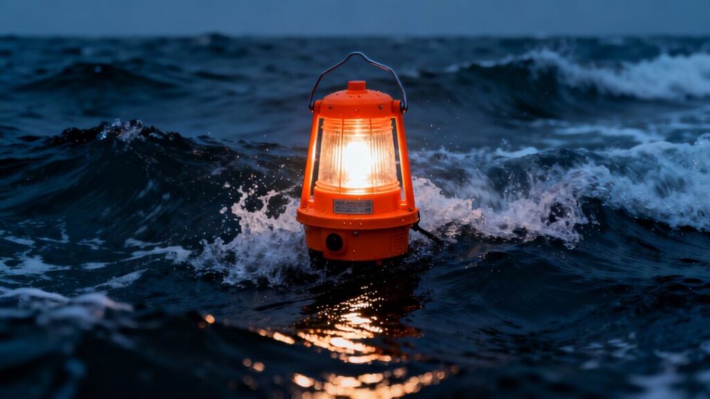Orange emergency beacon on stormy seas