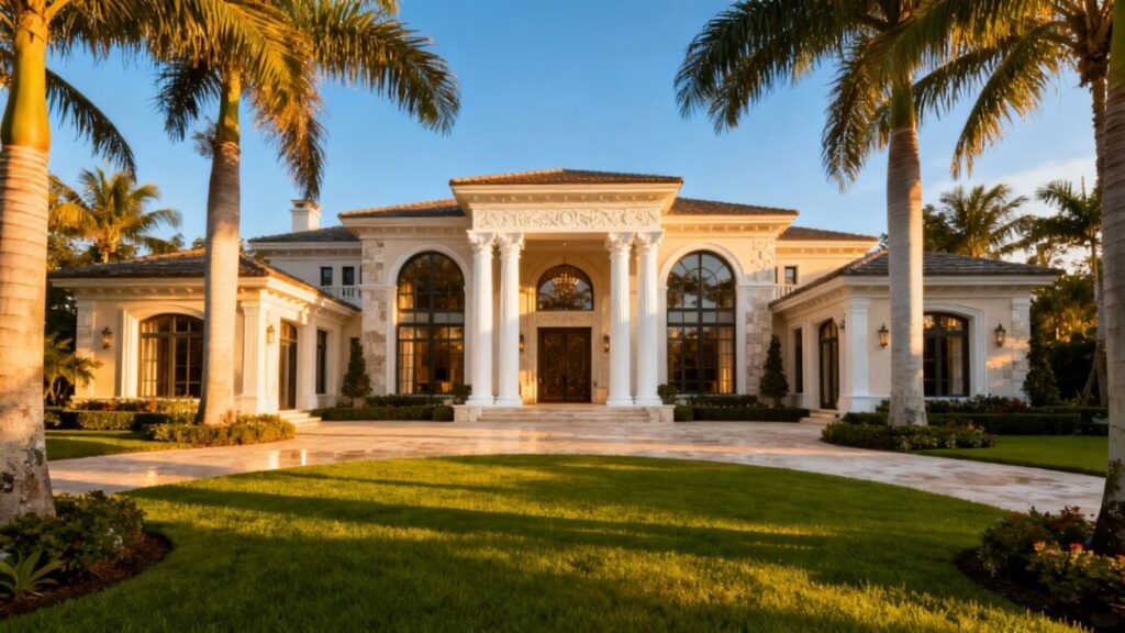 Luxury Florida mansion with palm trees and blue sky.