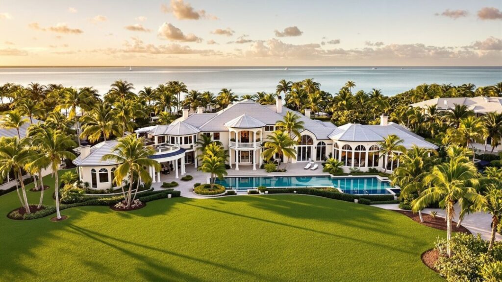 Luxurious Palm Beach mansion with palm trees and waterfront view.