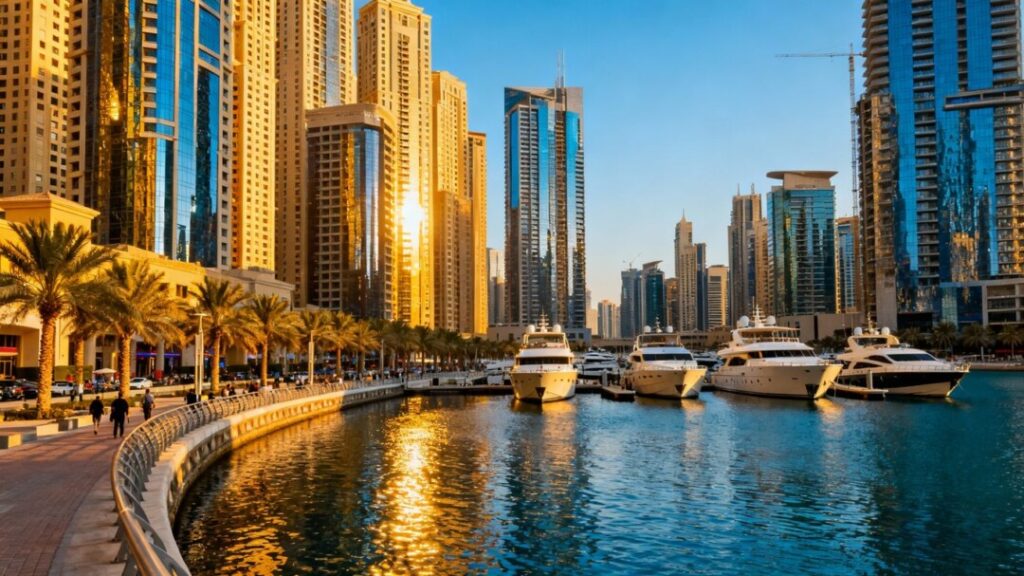 South Florida skyline with luxury yachts and palm trees.