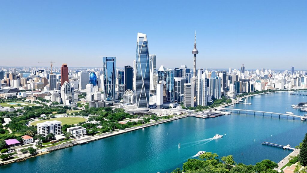 Modern cityscape with skyscrapers and waterfront.
