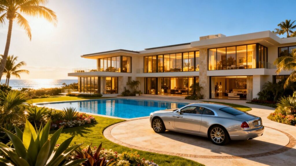 Luxury Florida mansion with pool and car.