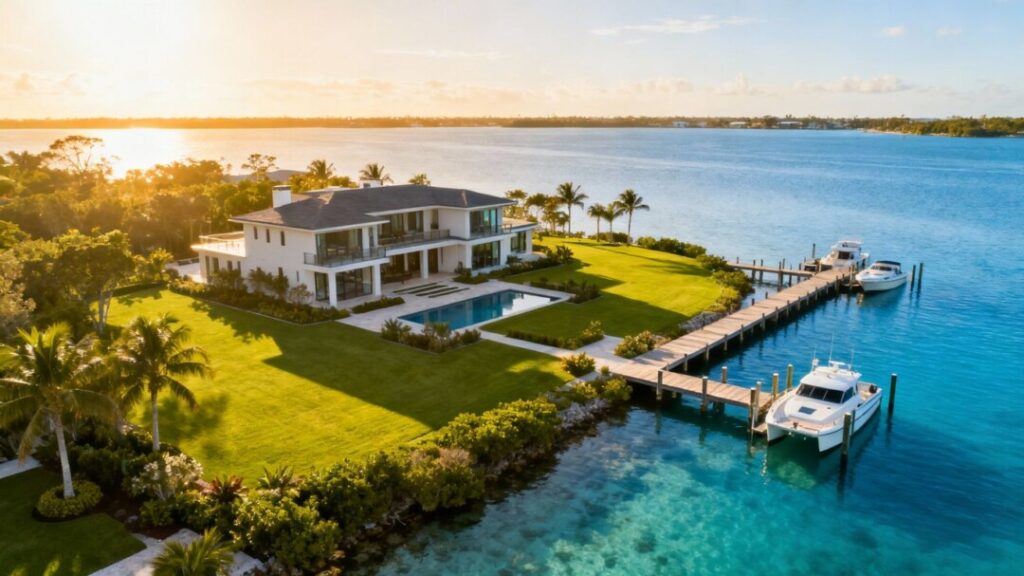 Luxury waterfront estate with docks and boats.