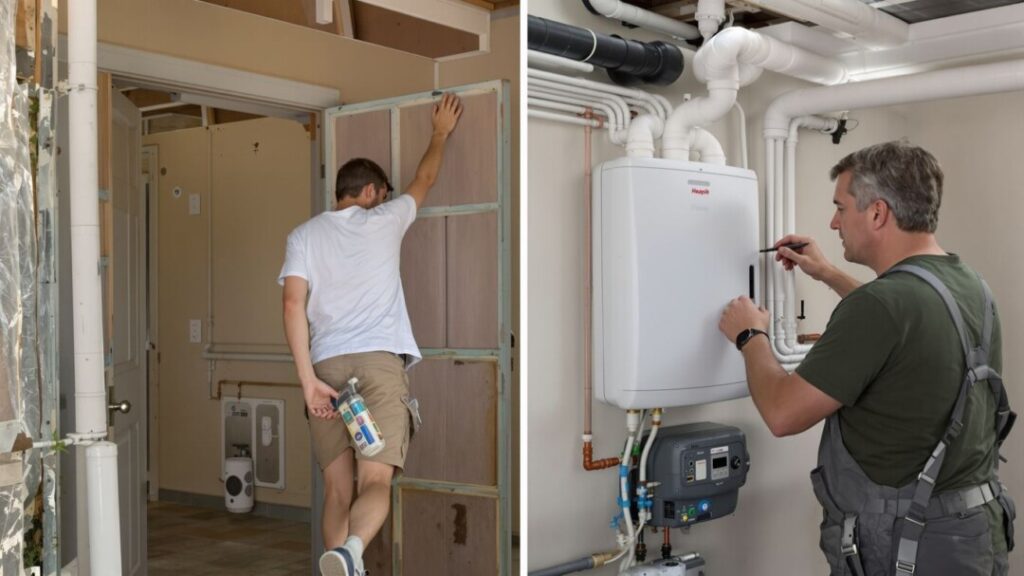 Homeowner inspecting house exterior and interior systems.
