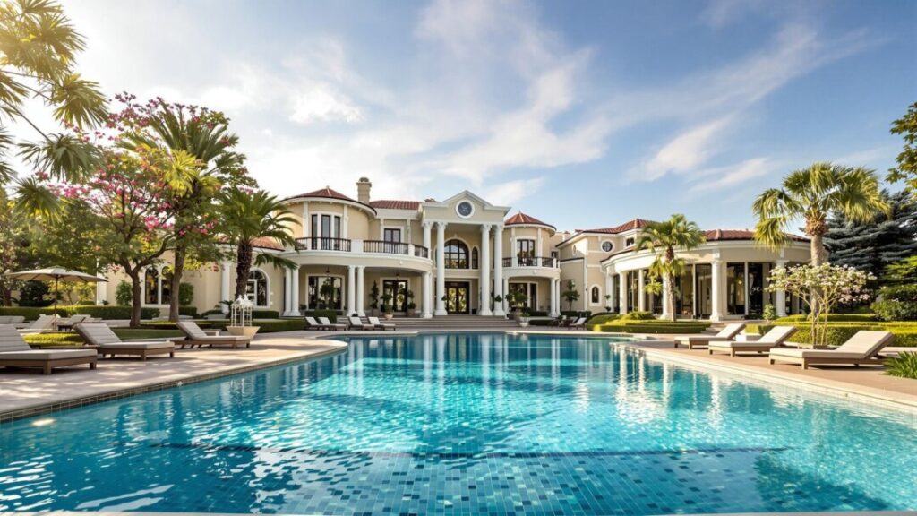 Luxury Florida mansion with pool and landscaping.