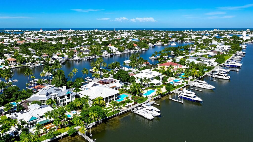 Luxury waterfront homes with pools and yachts in Florida