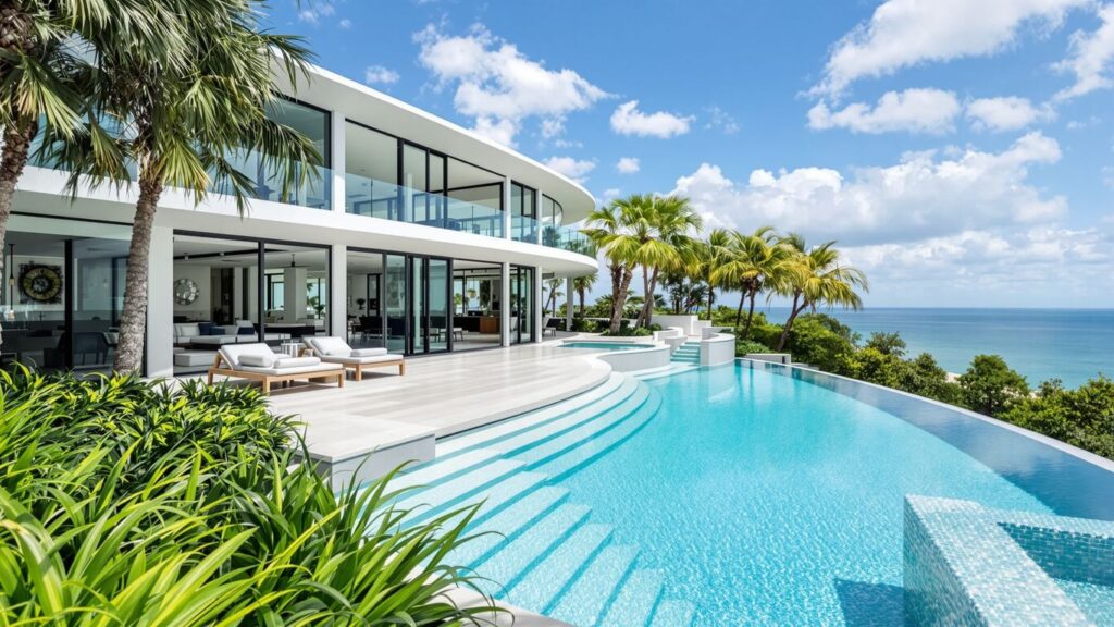 Miami luxury mansion with infinity pool and ocean view.