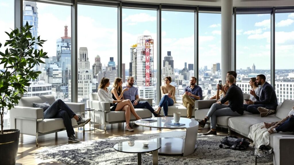 People discussing real estate in a modern Wynwood Residences living area.