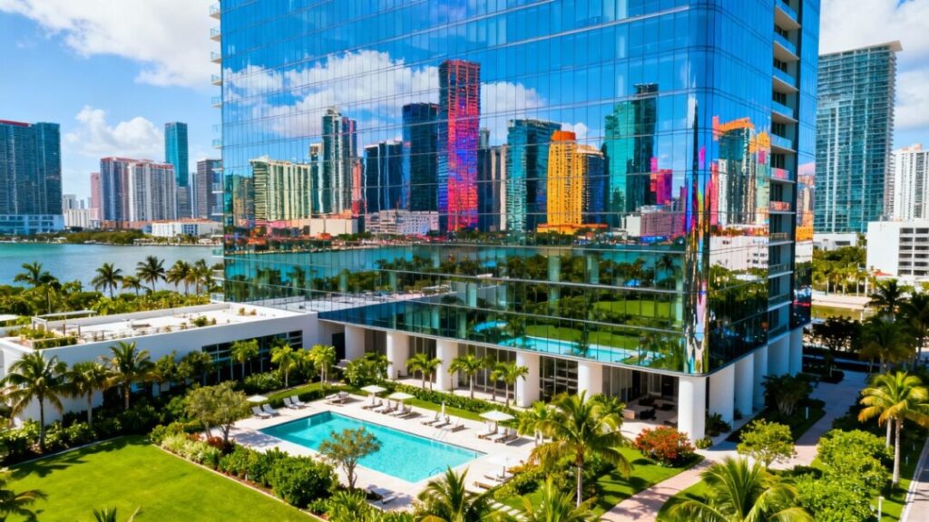 Luxury skyscraper in Miami with green landscaping.
