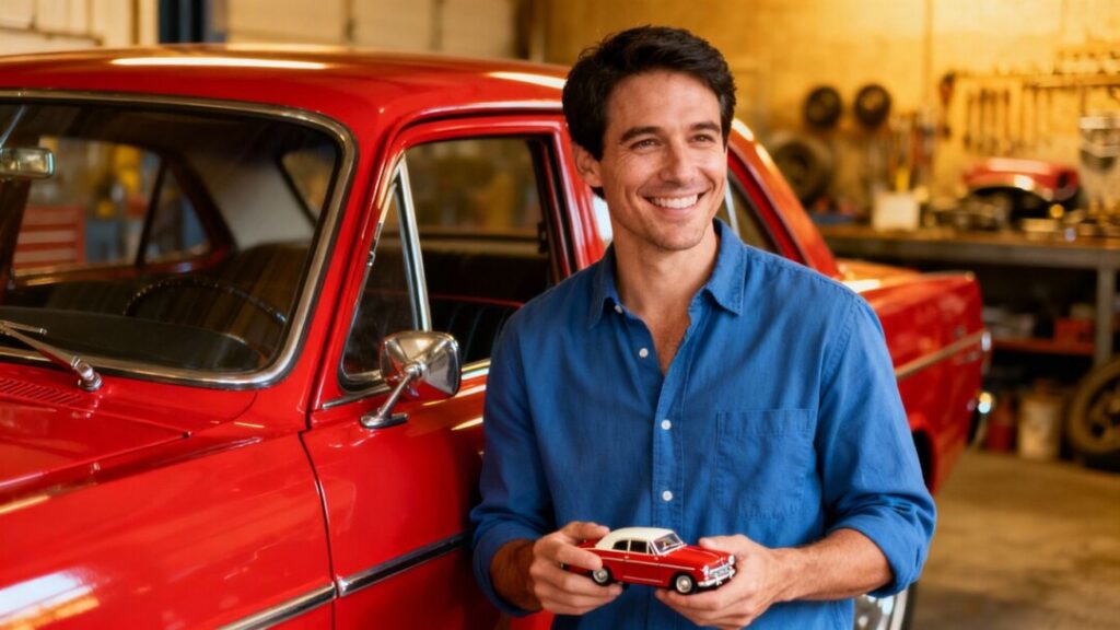 Robert Harden with a classic car and toy car.