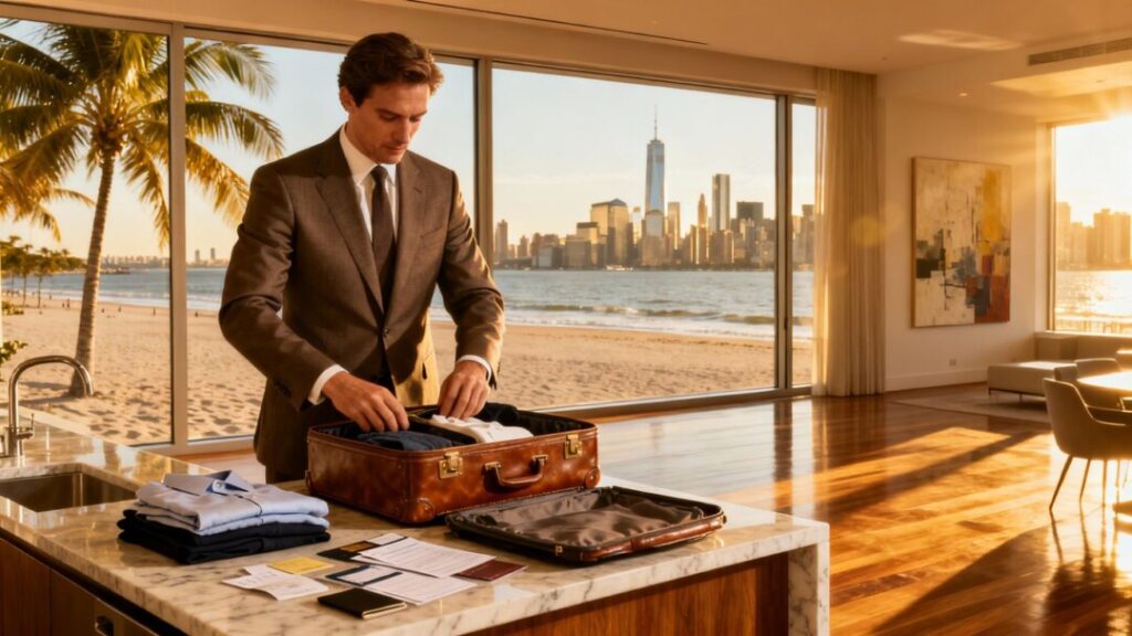 NYC skyline view from luxury apartment, person packing for Florida.