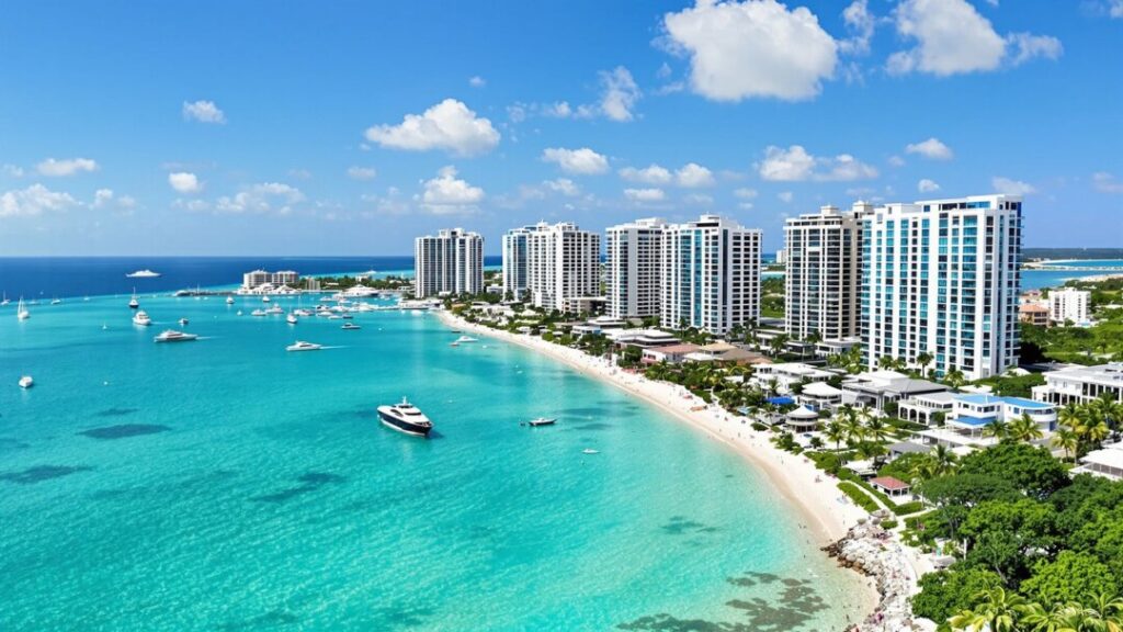 Luxury South Florida mansions and modern high-rise buildings by the ocean.