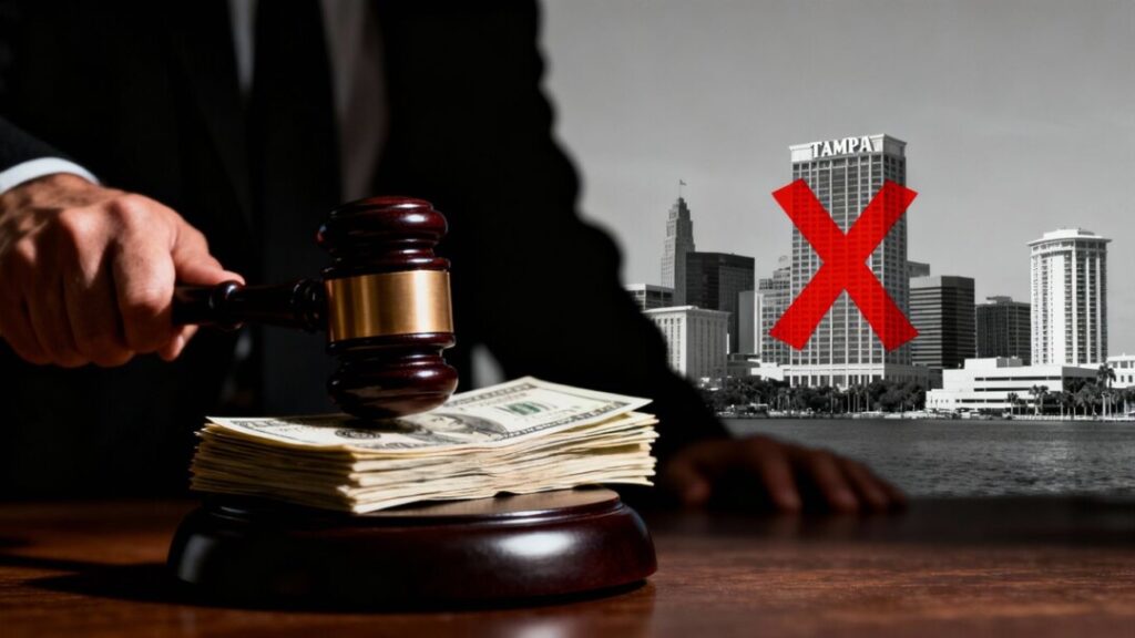 Gavel, money, Tampa skyline, red X mark.