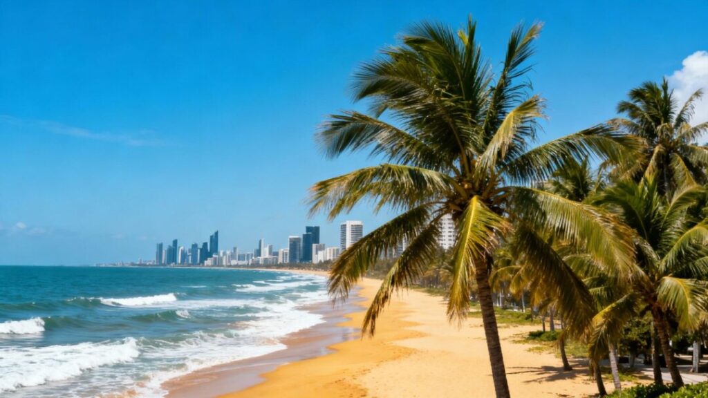 Broward County coastline with palm trees and cityscape.