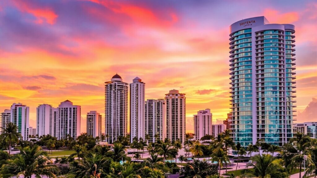 South Florida skyline with luxury buildings and palm trees.