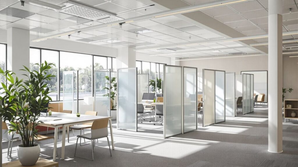 Modern flexible office space with movable partitions and natural light.