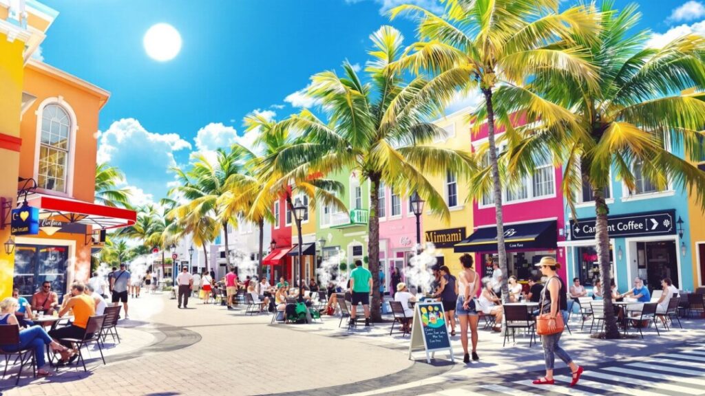 Miami cafes with palm trees and coffee cups.