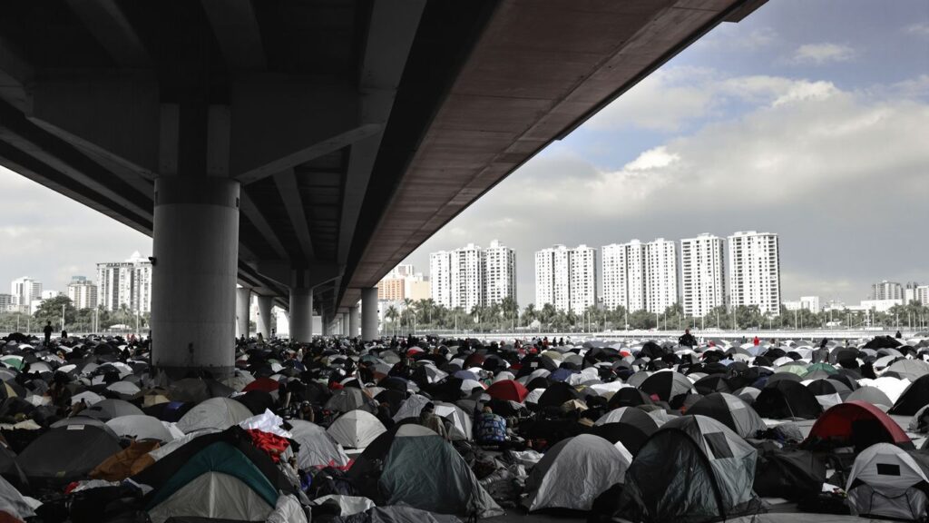 Tent city under bridge near luxury apartments.
