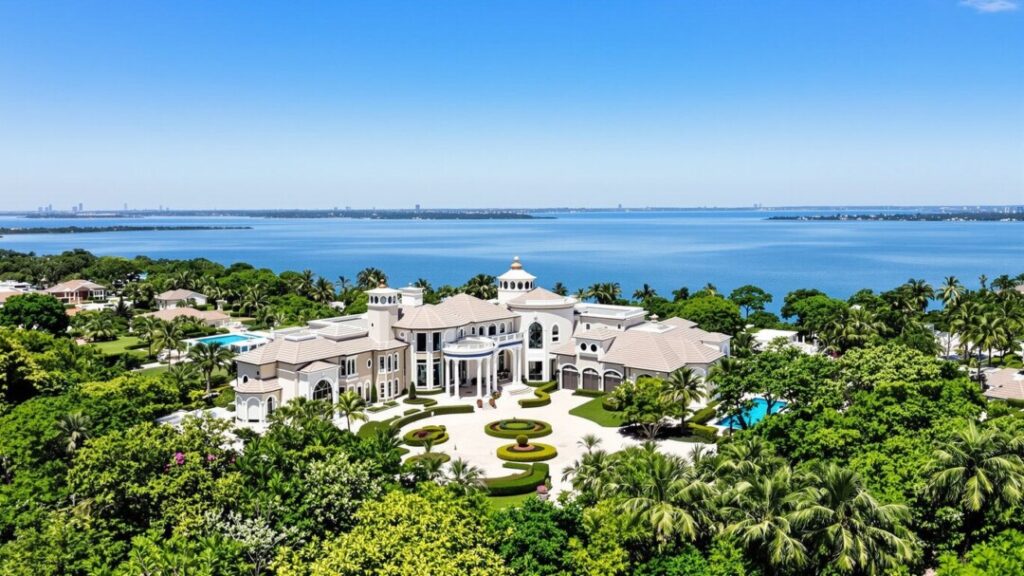 Luxury waterfront mansion under a clear blue sky.