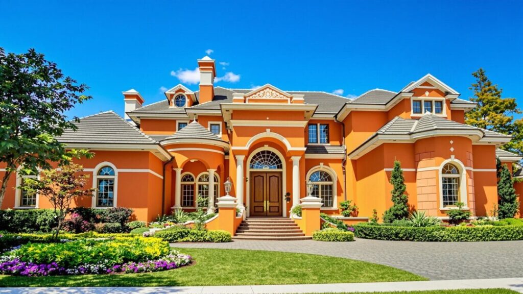 Luxurious house with sunny facade and manicured landscaping.