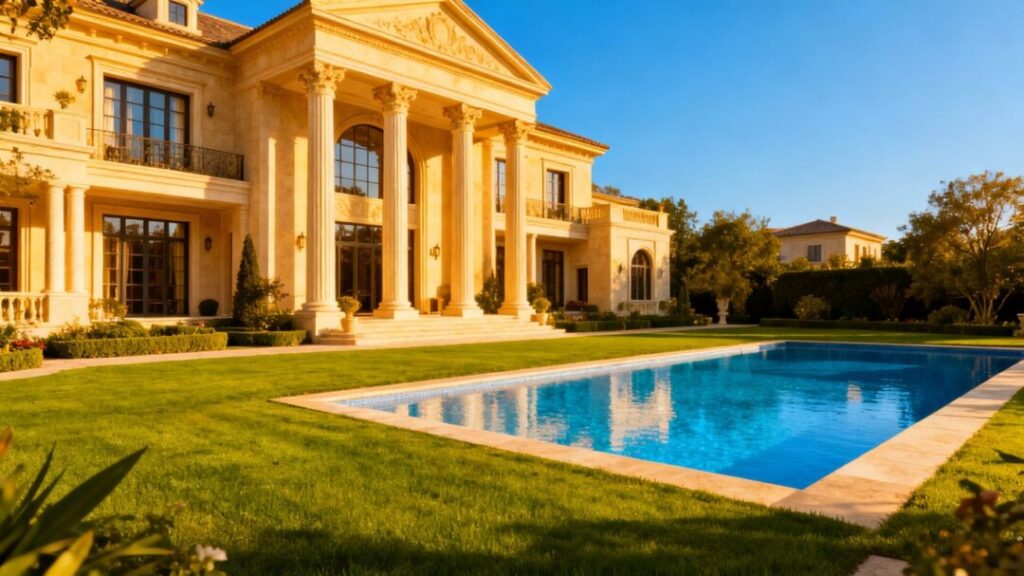 Luxury mansion with pool and blue sky.