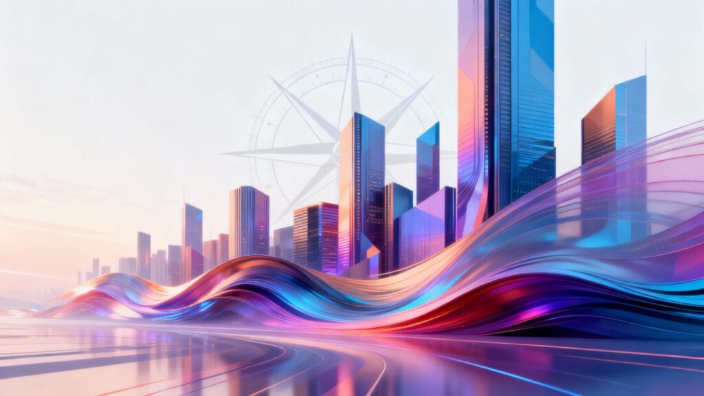 Cityscape with abstract waves and compass
