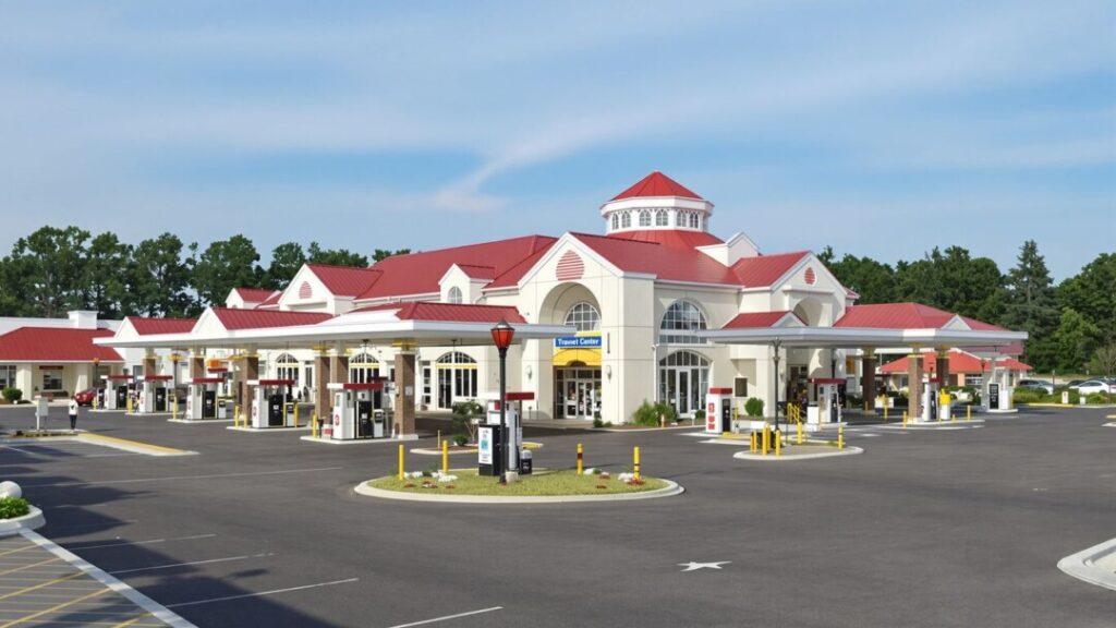Buc-ee's travel center exterior with gas pumps and red roof.