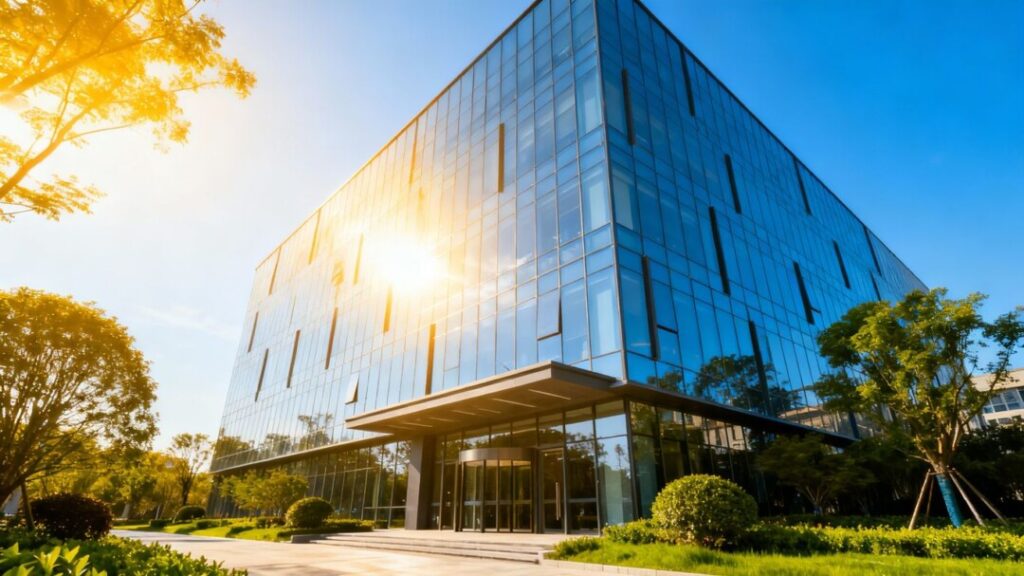 Modern office building with blue sky and greenery.