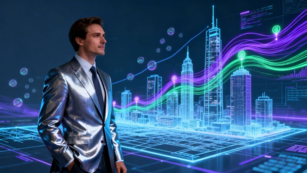 Investor analyzing city skyline with data streams.
