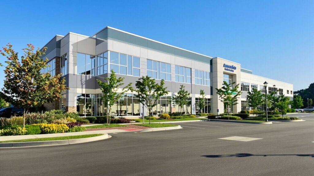Modern commercial building with parking and landscaping.