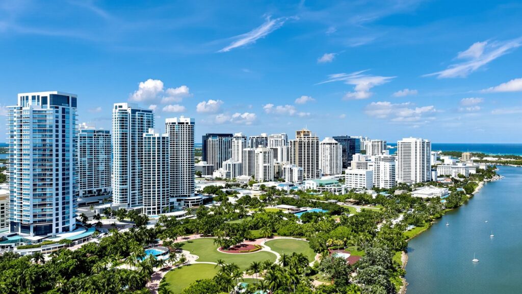 Florida cityscape with modern buildings and waterfront.