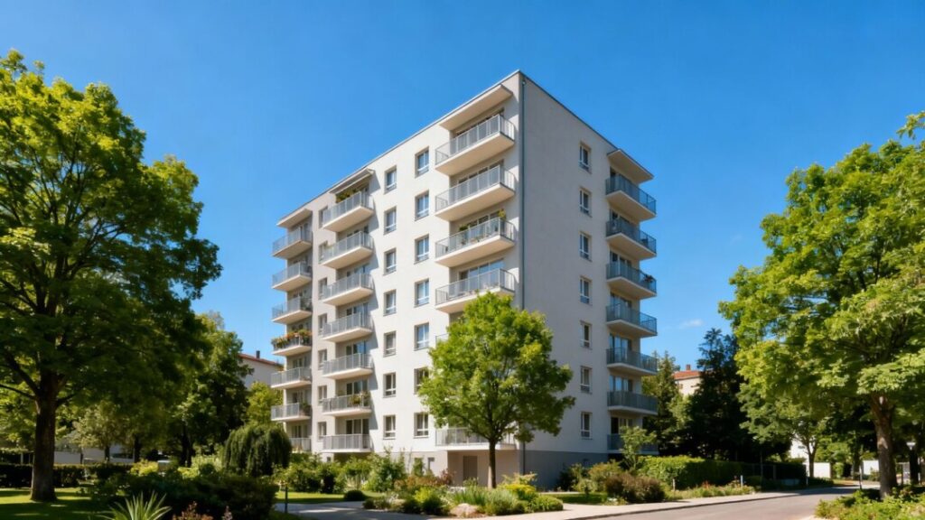 Apartment building with trees and blue sky.