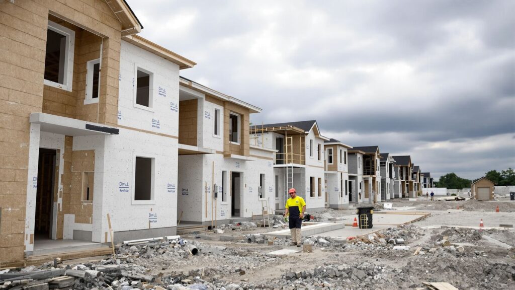 Unfinished houses under a cloudy sky, construction worker.
