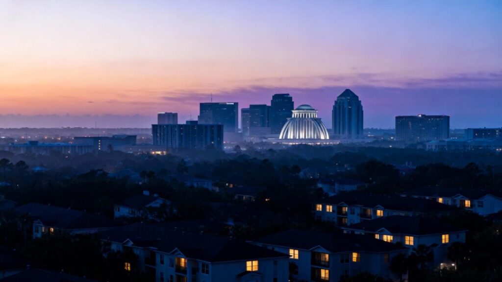 Orlando skyline at dusk with a subtle downward trend.