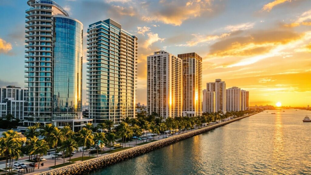Miami skyline at sunset with palm trees and waterfront.