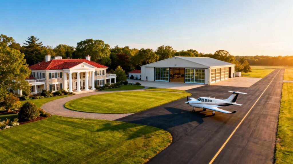 Aerial view estate with airplane hangar and mansion