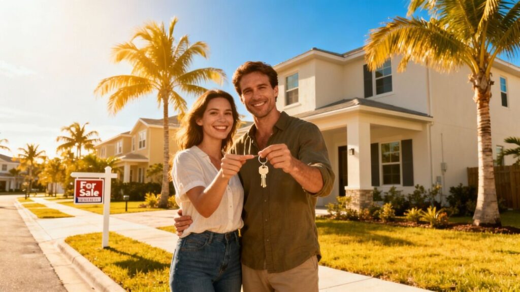 Happy couple buys Florida home under palm trees