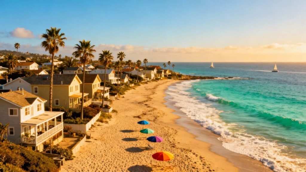 Florida beach town with cottages and ocean.