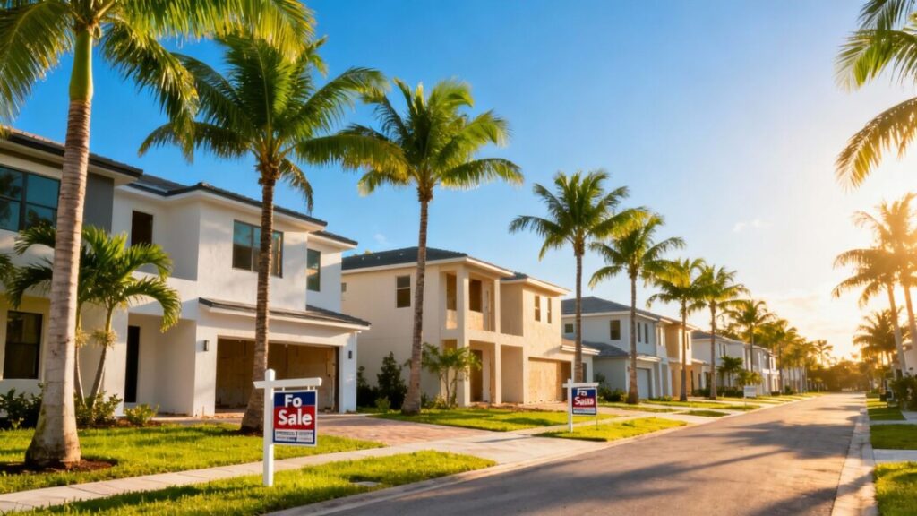 Modern Florida homes with many 'For Sale' signs visible.