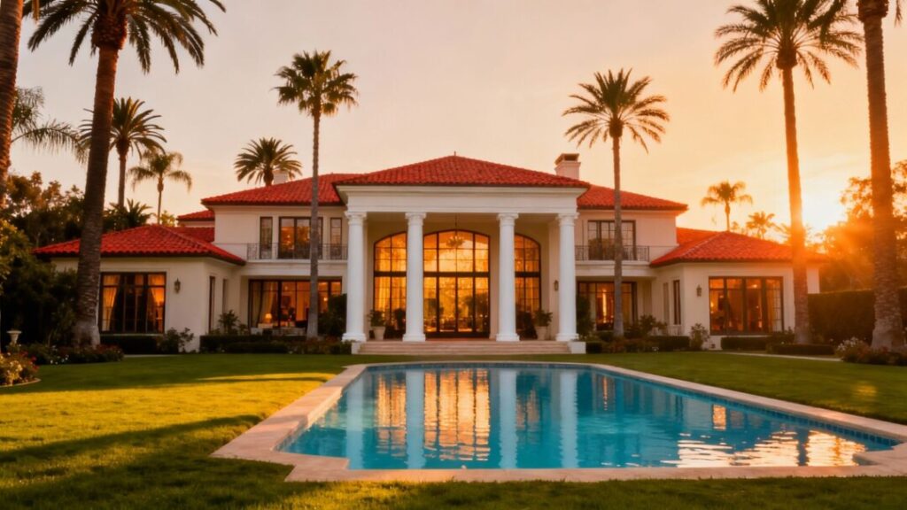 Opulent 1990s Hollywood mansion with pool and palm trees.