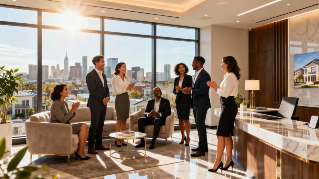 Real estate agents in a modern office celebrating a new partnership.