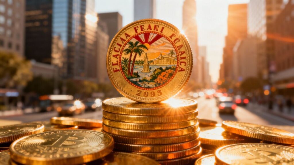 Florida state seal on coins with cityscape background.