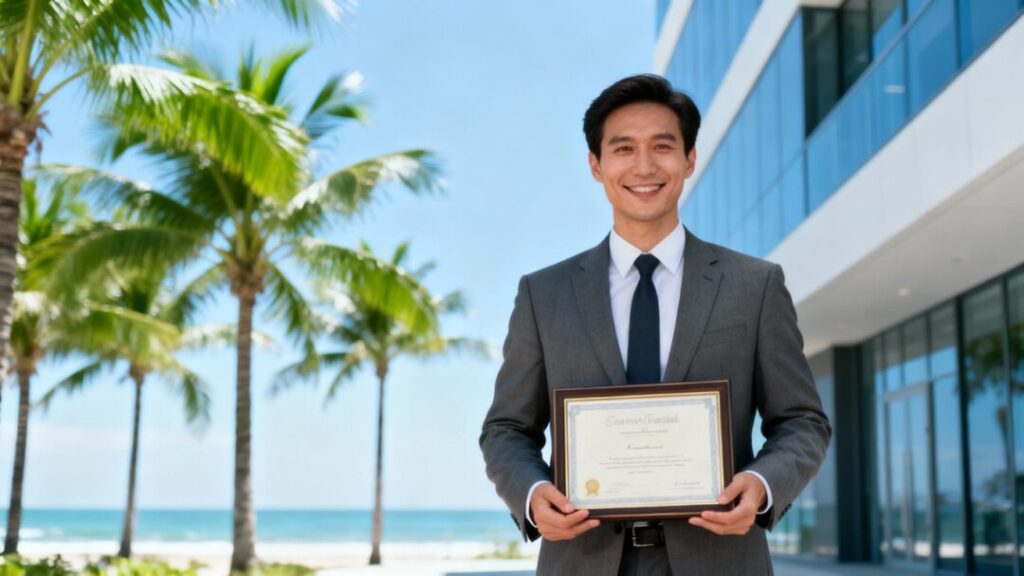 Smiling real estate agent with certificate outside office