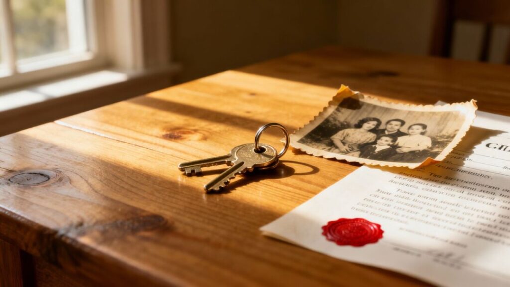 House keys, family photo, and document on table