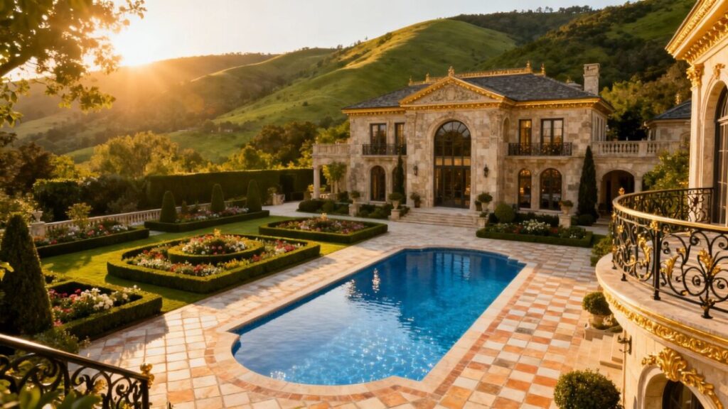 Opulent mansion in Montecito with gardens and pool.